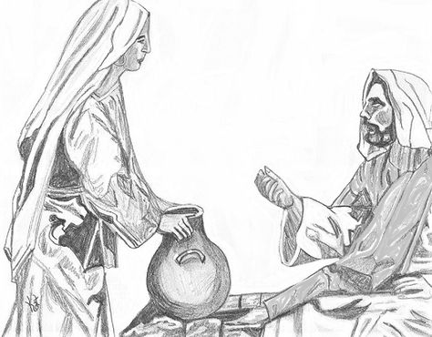 Jesus with the Samaritan Woman at the Well Sketch by Kathleen Ellinger, ofs Well Sketch, Samaritan Woman At The Well, The Woman At The Well, The Samaritan Woman, Samaritan Woman, Sustained Investigation, The Samaritan, Woman At The Well, Sketch Icon