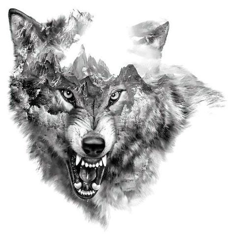 Great black and gray snarling wolf with mountains inside. Style: Black and Gray. Color: Gray. Tags: Best, Awesome, Scary Wolf Sketch Tattoo, Tee Design Print, Outdoor Tattoo, Snarling Wolf, Cardinal Tattoo, Sanskrit Tattoo, Wolf Tattoo Sleeve, Lion Tattoos, Wolf Tattoo Design