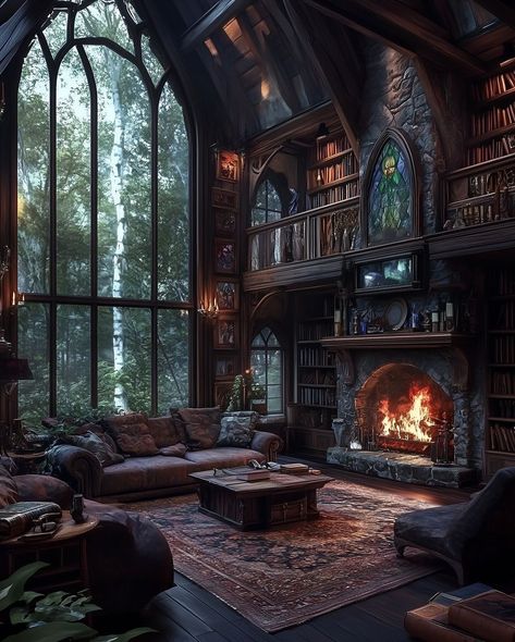 Witch Cabin, Gothic Fireplace, Witches Castle, Cabin Inspiration, Black Castle, Magical Home, Cottage Exterior, Fantasy Story, Fantasy Places