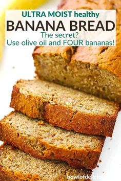 Healthy Banana Bread Moist, Banana Bread Recipe Olive Oil, Banana Bread Recipe With Wheat Flour, Banana Bread Recipe Oil Moist, Mediterranean Diet Banana Bread, Mediterranean Banana Bread, Banana Bread Recipe Moist Healthy, Banana Bread With Wheat Flour, Olive Oil Banana Bread