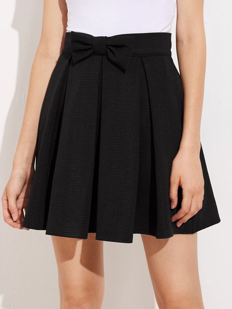 Bow Front Box Pleated Skirt -SheIn(Sheinside) Skater Skirt Black, Box Pleated Skirt, Mini Skater Skirt, Box Pleat Skirt, Pleat Skirt, Textured Skirt, Latest Skirts, Skirts Online, Womens Basic