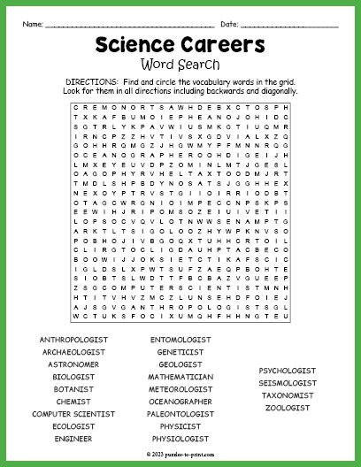 Free Printable Science Careers Word Search Science Word Search, Science Careers, Free Science Worksheets, 6th Grade Worksheets, Puzzle Worksheet, Trip Games, Biology Worksheet, Lab Week, Watch Art