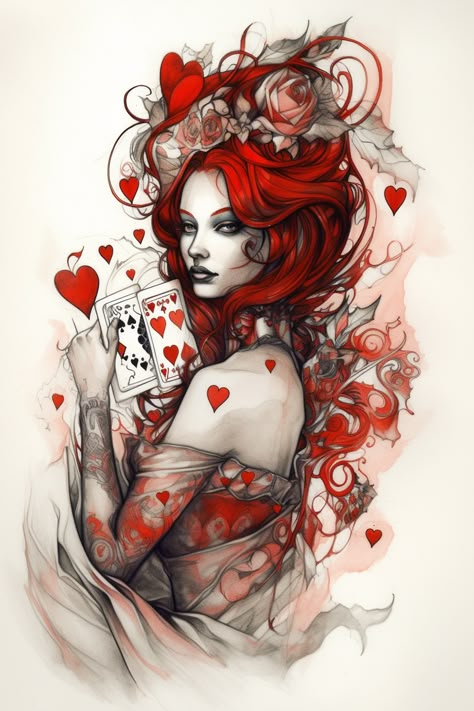 Red Queen Of Hearts, Queen Of Hearts Tattoo, Queen Of Hearts Card, Queen Of Hearts Alice, Queen Alice, Hearts Tattoo, Line Tattoo Ideas, Alice In Wonderland Artwork, Dark Alice In Wonderland