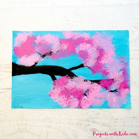 Cherry Blossom Painting with Cotton Balls Cotton Dabbing Painting, Dabbing Painting, Painting With Cotton Balls, Spring Arts And Crafts, Water Lilies Art, Scrape Painting, Blossom Painting, Cotton Painting, Spring Art Projects