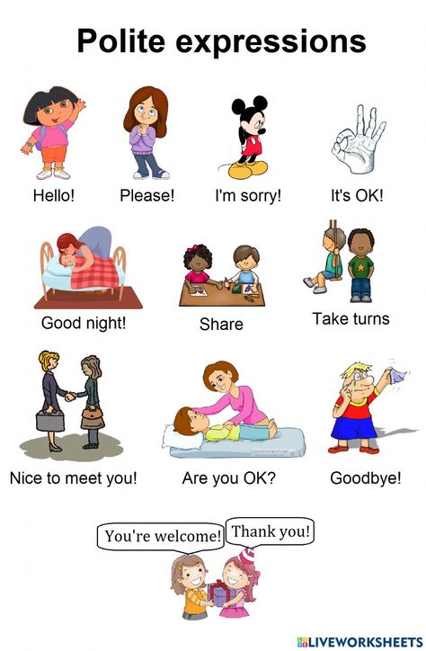 Polite Words Worksheet, Polite Expressions Worksheets, Polite Expressions, Polite Words, Creative Writing Worksheets, Homeschooling Preschool, Social Skills For Kids, English For Beginners, Preschool Arts And Crafts