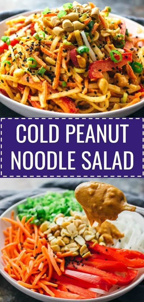 Cold peanut noodle salad - Cool off on a hot summer day with this COLD peanut noodle salad! This Thai-inspired recipe consists of noodles, healthy vegetables, a tasty and spicy peanut dressing, and is topped with sesame seeds. This is an easy vegan dish that you can whip up for weeknight dinners during summer. #dinner #salad #summer #recipe Cold Peanut Noodles, Peanut Noodle Salad, Spicy Peanut Dressing, Vegan Dishes Easy, Noodles Healthy, Diy Easy Recipes, Peanut Dressing, Peanut Noodles, Diner Recept