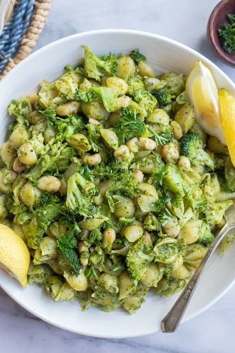 Broccoli White Bean, White Bean Pesto, White Bean Pesto Pasta, Pesto White Bean, Broccoli Pesto Recipe, Pesto And Broccoli Pasta, Broccoli Pesto Pasta, Pesto Pasta With Broccoli, Pesto Pasta With Peas