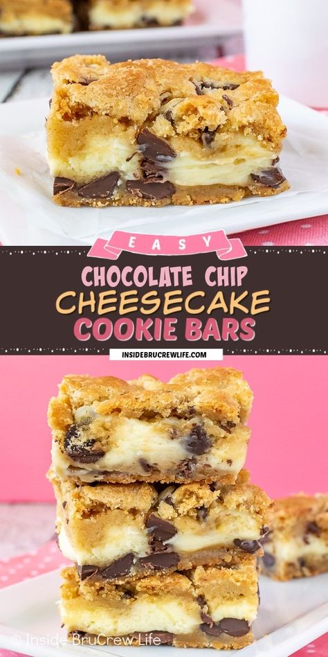 Chocolate Chip Cheesecake Bars Pillsbury, Choc Chip Cheesecake Bars, Chocolate Chip Cheesecake Cookies Recipe, Cookie Crust Cheesecake, Chocolate Chip Cookie Cheesecake Bars, Cheesecake Cookie Bars, Chocolate Chip Cookie Dough Cheesecake, Chocolate Chip Cookie Bar Recipe, Cheesecake Baked