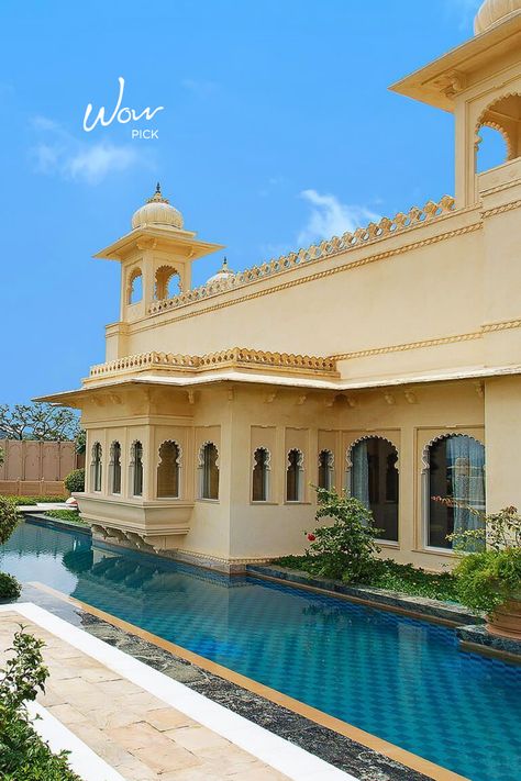 Rajasthani Palace, Haveli Architecture, Udaivilas Udaipur, Resort Exterior, Haveli Design, Oberoi Udaivilas, Stone Elevation, Udaipur Palace, Mughal Design