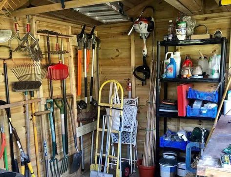 diy-shed-storage-ideas-stevegiudici Metal Shed Tool Storage, She’d Storage Ideas, Metal Shed Organization, Small Shed Organization Ideas, Pallet Shed Ideas, Shed Shelving Ideas, Garden Shed Storage Ideas, Garden Shed Organization, Diy Pallet Shed