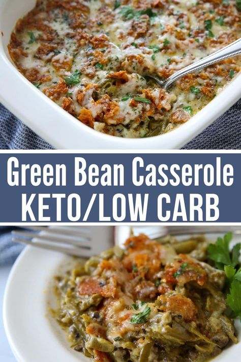 This delicious Keto Green Bean Casserole is easy to make and a fabulous substitute for the traditional recipe. Topped with a delicious onion flavored crispy cheese topping, you'll love this creamy and cheesy homemade gluten free low carb version. / keto casserole recipes / keto casserole / low carb casserole / keto side dishes / keto thanksgiving recipes / low carb thanksgiving recipes / keto Christmas recipes / low carb Christmas recipes / #keto #lowcarb Low Carb Green Bean Casserole, Keto Green Bean Casserole, Low Carb Christmas Recipes, Low Carb Thanksgiving Recipes, Kasey Trenum, Keto Green, Casserole Keto, Low Carb Christmas, Keto Thanksgiving