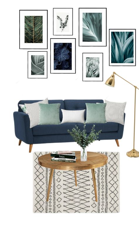 Navy Green Living Room Decor, Black White Green Navy Living Room, Navy Green Gold Living Room, Navy Blue And Mint Green Living Room, Navy And Seafoam Living Room, Green Navy Living Room, Sage Grey And Navy Living Room, Navy Sofa Sage Green Walls, Navy And Emerald Living Room