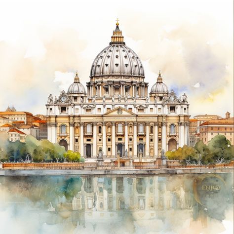 Rome Watercolor, Vatican Art, Waterfall Artwork, Italy Travel Poster, Le Vatican, Famous Cities, St Peters Basilica, Italian Village, Architecture Drawing Art