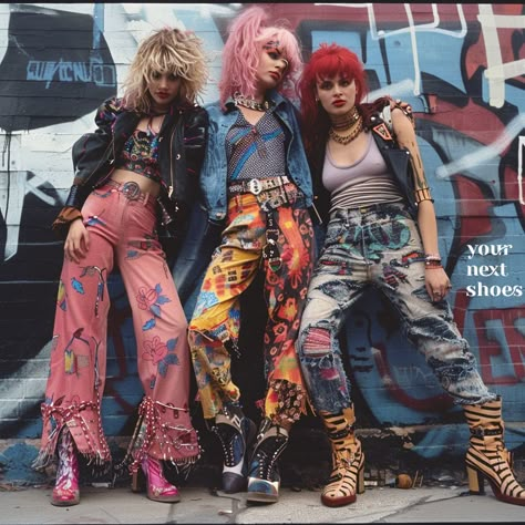 Flashback to the '90s with a punk rock twist! It's all about self-expression with these graffiti-splashed trousers, fringe details, and layered denim. Paired with towering platform boots and bold, chunky accessories, this look is for those who dare to stand out. Get inspired to bring back the era of edgy attitude and vibrant streetwear with our curated selection of '90s punk rock fashion staples. Fashion Grunge Aesthetic, Self Expression Through Fashion, Punk 90s Outfit, Colorful Rock Outfit, Hot Punk Outfits, Punk Look Women, 90s Rave Outfit Women, Colorful Punk Fashion, Alternative Rock Outfits