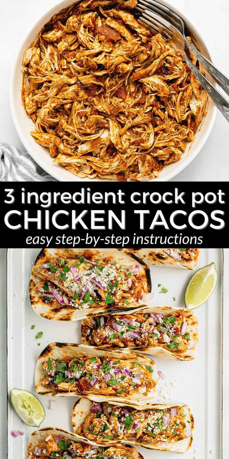 Healthy Slow Cooker Chicken Tacos | Midwest Foodie | With just 5 minutes of prep time, these 5 ingredient slow cooker chicken tacos are healthy, tasty and almost too easy to make! Toss everything in the crock pot, come back a few hours later, shred the chicken and you're ready to sit down for dinner! Chicken Taco Chili Crockpot Skinnytaste Crock Pot Recipes, Shredded Fajita Chicken Crock Pot, Crock Pot Chicken Recipes Tacos, Mexican Chicken Crockpot Easy, 4 Hour Chicken Crock Pot Meals, Crock Pot Chicken And Peppers, Simple Chicken Tacos Crockpot, Crockpot Taco Tuesday, Crockpot Taco Bar