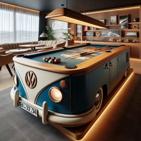 Transform Your Game Room with a Volkswagen Bus Pool Table Custom Pool Tables, Recreational Room, Play Pool, Game Table, Custom Paint Jobs, Pool Cues, Volkswagen Bus, Pool Accessories, Break Room