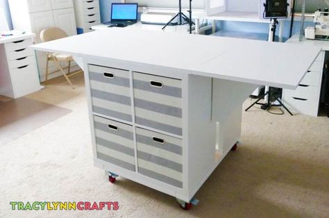 Drop Leaf Craft Table - Craft Room - Tracy Lynn Crafts Tinker Space, Workroom Ideas, Craft Table Ikea, Sewing Studios, Space Hacks, Craft Tables With Storage, Craft Tables, Craft Room Tables, Painting Storage