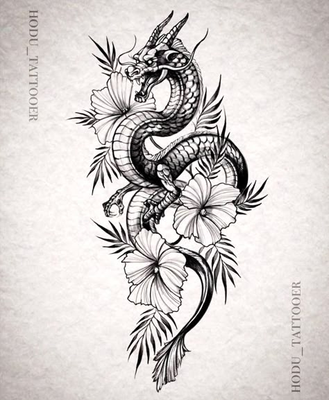 Sketches Dragon, Dragon Tattoo With Flowers, Dragon With Flowers, Blue Dragon Tattoo, Dragon Tattoo Drawing, Dragon Tattoo Sketch, Cuff Tattoo, Dragon Tattoo Art, Hibiscus Tattoo