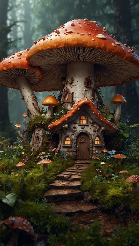 Fairy Woodland Aesthetic, Mushroom Building, Fantasy Mushroom House, Fantasy Mushroom, Casa Hobbit, Storybook Homes, Fairy Art Dolls, Fairy Homes, Elves And Fairies