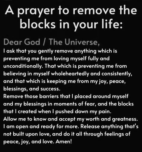 Time remove those blocks" #blogger #lifeandwellnesscoach #inspirationdaily #findinspiration #quotesandsayings #inspirationalquotes #quotes Blockage Remover Affirmations, Karmic Cleansing Spell, Prayer To Remove Blockage, Spiritual Blockage, Invocation Prayer, Manifestation Prayer, Healing Prayer, Spiritual Prayers, Healing Affirmations