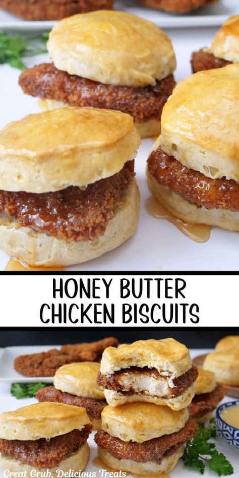 Honey Butter Chicken Biscuits are loaded with tender chunks of crispy fried chicken breasts smothered with sweet hot honey all packed in a warm baked biscuit and topped with creamy honey butter. Chicken And Biscuit Sandwich, Hot Honey Chicken Biscuit Recipe, Hot Honey Food Recipes, Breakfast Chicken Biscuits, Chicken Breast Breakfast Ideas, Biscuits Breakfast, Hot Honey Fried Chicken Sandwich, Biscuit Dinner Ideas, Southern Style Recipes