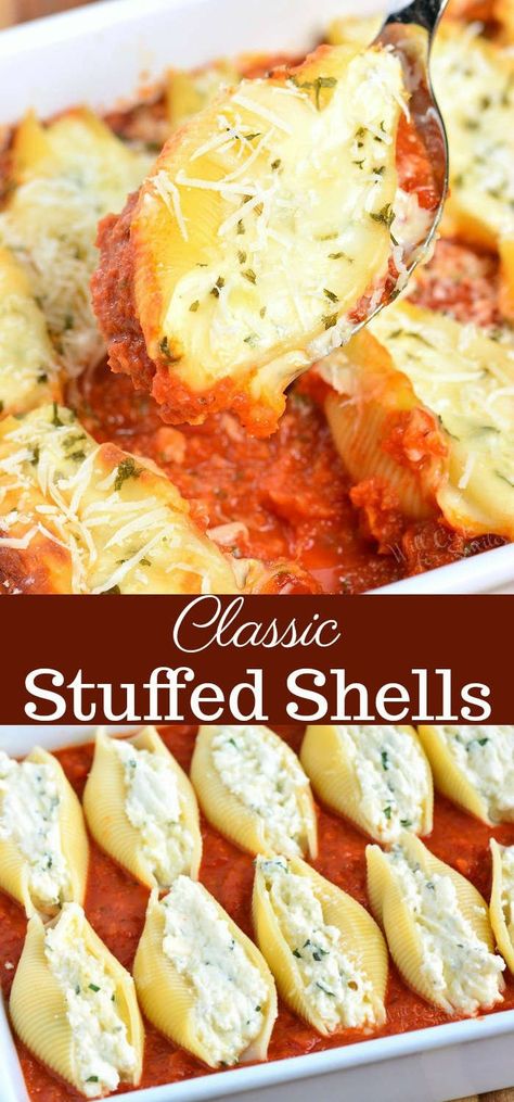 Classic Stuffed Shells - Make The Best Stuffed Shells For The Family Tortellini Pesto, Ricotta Stuffed Shells, Ricotta Filling, Stuffed Shells Ricotta, Homemade Marinara Sauce, Pasta Alfredo, Shells Recipe, Marinara Sauce Homemade, Diner Recept