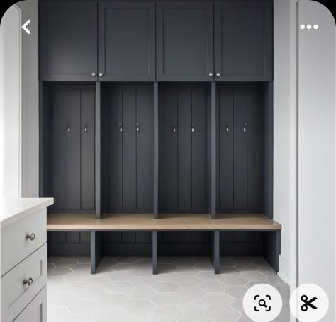 Colored Mudroom Lockers, Black Cubbies Mudroom, Mudroom Sliding Door, Mudroom Locker Width, Garage Locker Ideas, Mudroom Built Ins, Built In Cubby, Mudroom Cabinetry, Mudroom Addition