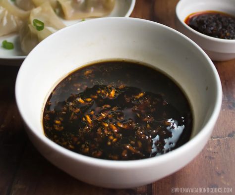 Chinese Dumpling Sauce - When A Vagabond Cooks Chinese Dumpling Sauce Recipe, Chinese Dumpling Sauce, Dumpling Dipping Sauce, Chinese Dumpling, Dumpling Sauce, Popular Chinese Dishes, Best Dumplings, Pork Dumpling, Homemade Dumplings