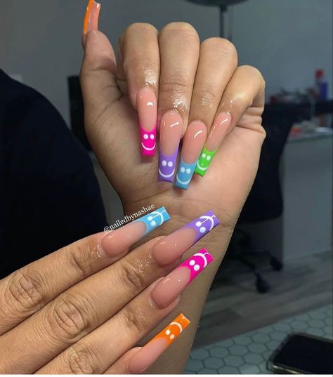 Emoji Nails, Rave Nails, Designer Nails, Long Acrylic Nail Designs, Colored Acrylic, Colored Acrylic Nails, Daily Nail, Simple Acrylic Nails, French Acrylic Nails