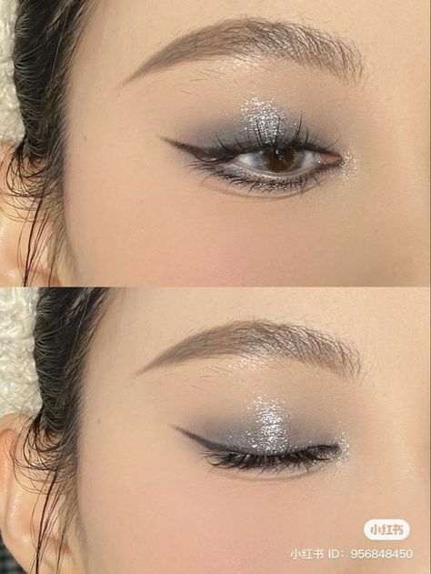 Fan of the silver but not much of the eyeliner Smokey Eye Douyin Makeup, Douyin Smokey Makeup, Douyin Glitter Makeup, Douyin Smokey Eye, Korean Glitter Eye Makeup, Douyin Eye Makeup, Glitter Eyeshadow Looks, Silver Glitter Eye Makeup, Silver Eyeliner