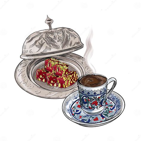 Food Painting Easy, Turkish Coffee Aesthetic, Turkish Prints, Tulips Illustration, Floral Ottoman, Turkish Dessert, Turkish Tea Cups, Turkish Desserts, Door Poster