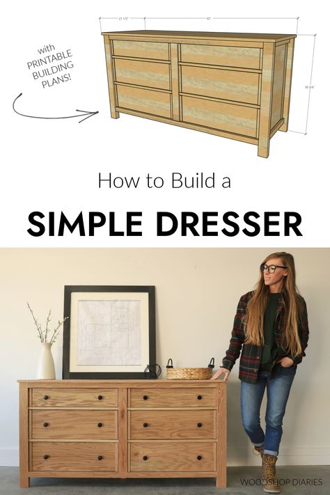 DIY Modern 6 Drawer Dresser Building A Dresser Diy, Diy Wooden Dresser, Farmhouse Dresser Diy, 5 Drawer Dresser Makeover, Diy Wood Dresser, Chest Of Drawers Diy, Diy Dresser Build, Diy Dresser Plans, Woodshop Diaries