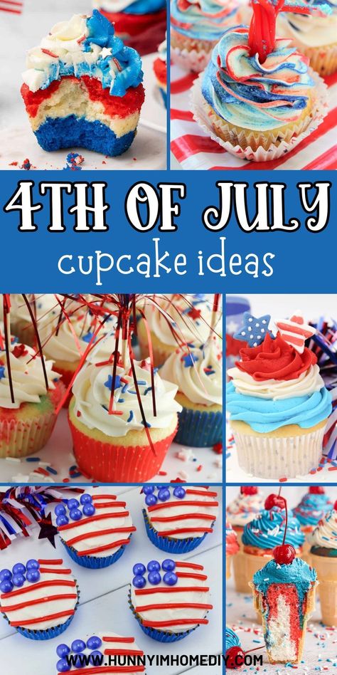 These patriotic cupcake ideas make the best 4th of July party ideas! Make red, white, and blue desserts to serve a crowd at any celebration this summer with these simple recipes. Everyone at your event will love these delicious treats with American flag decorations! Fourth Of July Cupcakes, Festive Cupcakes, Red White And Blue Cupcakes, White And Blue Cupcakes, 4th Of July Cupcakes, Patriotic Cupcakes, Swirl Cupcakes, Blue Frosting, Patriotic Desserts