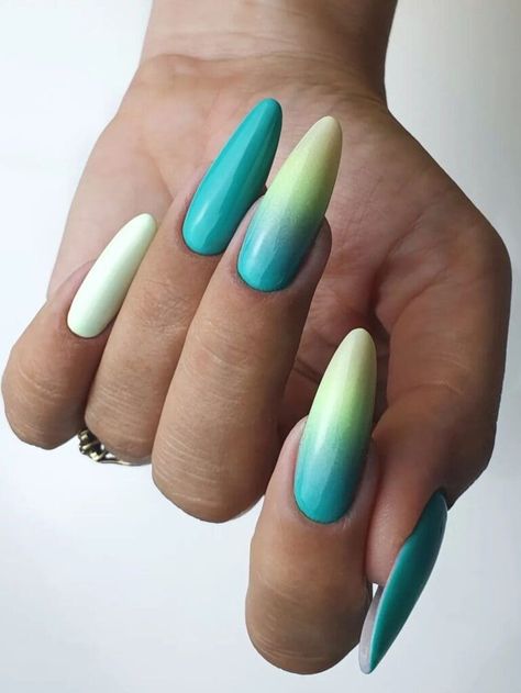 blue and green ombre nails Blue And Green Ombre Nails, Ombre Nails 2023, Teal Nail Art, Summer Ombre Nails, Turquoise Nail Polish, Turquoise Nail Designs, Teal Nail Polish, Nail Makeover, Teal Nail Designs