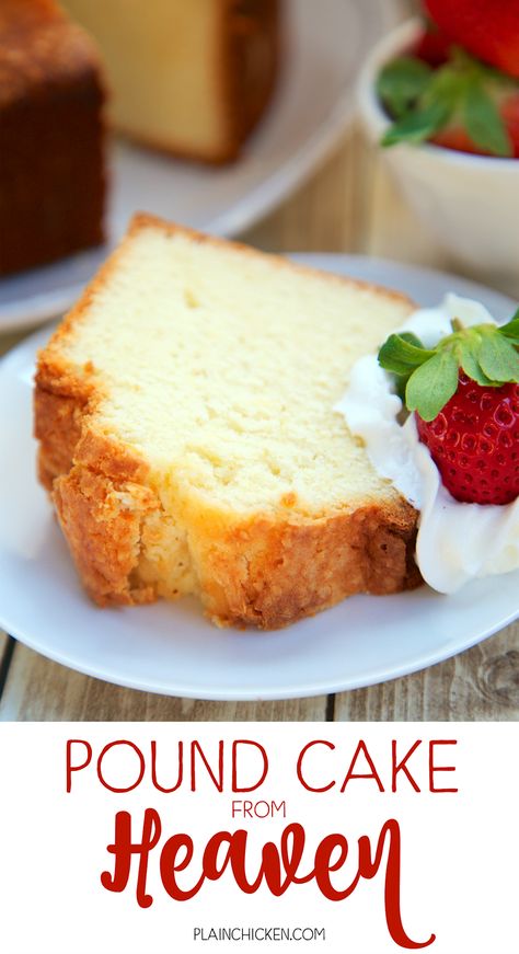 Pound Cake from Heaven - delicious Southern pound cake recipe! Sweet, rich and still as light as a feather. Great for a potluck; everyone loves this! Serve with some fresh whipped cream and strawberries. Can freeze leftovers for a quick dessert later!! Evaporated Milk Pound Cake, Light Pound Cake Recipes, Evaporated Milk Cake, Cold Oven Pound Cake, Freeze Leftovers, Southern Pound Cake, Southern Recipe, Quick Dessert, Pound Cake Recipe