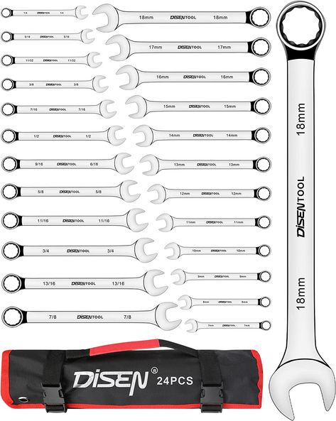 DISEN 24pcs Combination Wrench Set, Metric/SAE, IN/MM Wrench Set with Tool Roll,12 Point Combination Wrench, 7-18mm and 1/4-7/8" Box End and Open End Wrench Set, Drop Forged Steel - - Amazon.com Welding Idea, Mechanic Tool Box, Open End Wrench, Mechanics Tool Set, Birthday Wishes For Friend, Hand Tool Sets, Tool Roll, Mechanic Tools, Diy Home Repair