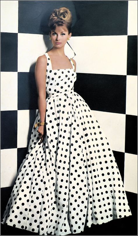 Model in full-length white-and-black coin-spotted evening … | Flickr Polkadot Fashion, 50s Clothes, Italian Dresses, 60s Women, Irish Fashion, E T, Modest Outfit Ideas, Classy Dresses, Modest Outfit