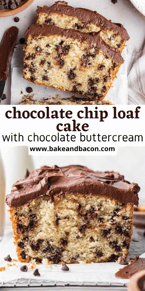 This easy chocolate chip loaf cake is loaded with mini chocolate chips and topped with rich and silky chocolate buttercream. This cake is buttery, moist, and chocolate-y with every bite! Chocolate Chip Loaf Cake, Chocolate Chip Loaf, Chocolate Chip Bread, Chocolate Chip Cake, Baked Dessert Recipes, Loaf Cake, Chocolate Buttercream, Baking Sweets, Mini Chocolate Chips