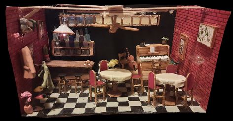 This is a handmade diorama depicting my personal view about jazz bar/cafes. This was made in April 2022. Jazz Bar Interior, Jazz Cafe, Jazz Bar, Bar Interior, Cafe Bar, Chess Board, Vision Board, Table Settings, Miniatures