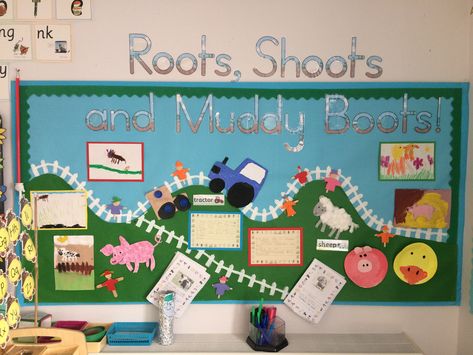 EYFS farm display board Roots, Shoots & Muddy Boots Farm Display Classroom, Farming Activities Eyfs, Farm Display Eyfs, Farm Display Board, On The Farm Eyfs, Farm Eyfs, Eyfs Displays, Eyfs Literacy, Snack Area