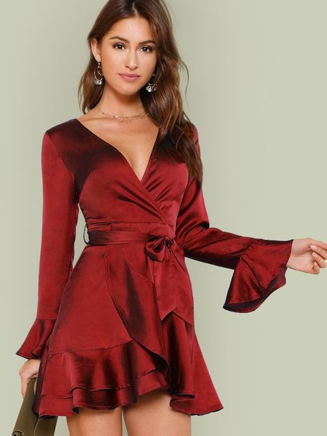 Split Back Ruffle Trim Overlap Front Belted Dress -SHEIN(SHEINSIDE) Dresses Europe, Christmas Dress Women Parties, Burgundy Party Dress, Party Dresses With Sleeves, Beautiful Tops, Christmas Dress Women, Ruffle Trim Dress, Tops Style, Mini Party