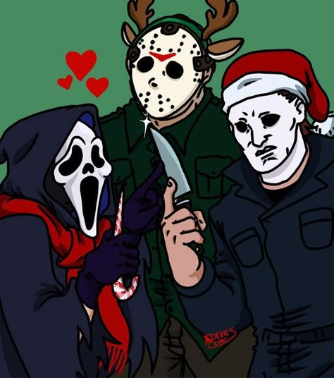 Devils on Instagram: "Merry merry to all! . . . #slasher #slashers #jasonvoorhees #ghostface #michaelmyers #fridaythe13th #scream #halloween #knife #horror #horrormovies #kittenvondoom" Michael Myers Fanart, Michael Myers And Jason, Horror Fanart, Jason Vorhees, Christmas Horror, Scream Halloween, Michael X, Halloween Michael Myers, Horror Villains