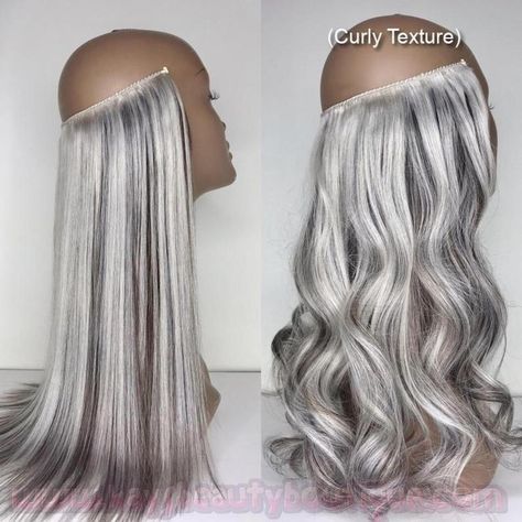 100% Human Hair HALO Salt&Pepper Flip-inHalo style extension | Etsy Silver Hair Extensions, Grey Hair Extensions, Hair Halo, Halo Extensions, Grey Curly Hair, White Blonde Hair, Hair Color Unique, Beautiful Gray Hair, Silver Hair Color