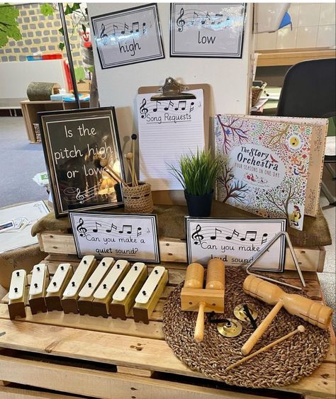 Music Provocation Preschool, Curiosity Approach Music Area, Curiosity Approach Creative Area, Early Years Provocations, Music Displays Classroom, Settling In Activities Eyfs, Music Area Preschool, Music Eyfs, Early Years Classroom Layout