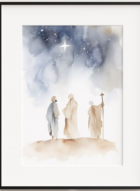 Christmas Nativity Watercolor Ideas, Simple Watercolor Nativity Scene, Christmas Cards Aquarel, Nativity Watercolor, Watercolor Nativity, Nativity Painting, Painted Christmas Cards, Beach Art Painting, Jesus Christ Painting