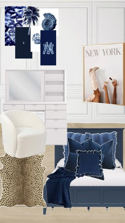 Blue And Cheetah Bedroom, Clean Girl Room Aesthetic Navy Blue, Navy White And Gold Bedroom, Blue And Black Room Ideas, Navy Blue Room Ideas, Navy Gold Bedroom, Navy Room Decor, Bedroom Inspirations Blue, Blue Themed Bedroom