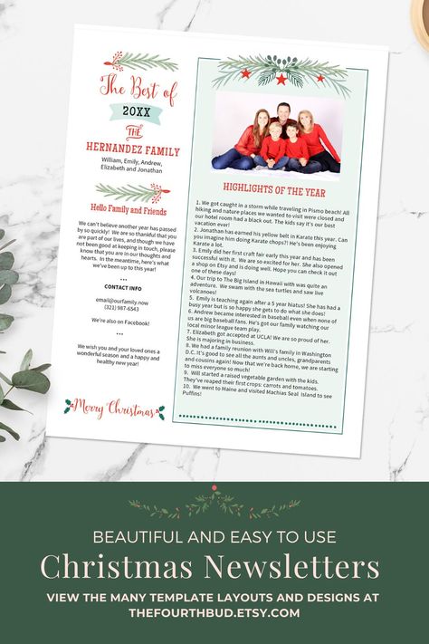 Have fun writing your family Christmas newsletter and have your family and friends enjoy reading it too! Learn more about this newsletter template! THEFOURTHBUD.ETSY.COM. #ChristmasNewsletter #ChristmasNewsletterTemplate #ChristmasLetter #YearInReview #familynewsletter Christmas Newsletter Template Free, Christmas Newsletter, Newsletter Template Free, Newsletter Template, Enjoy Reading, Year In Review, Busy Family, Cool Writing, Printable Templates