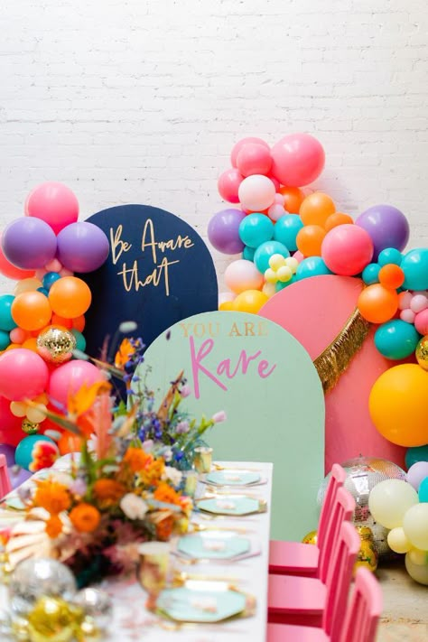 Birthday Activities For Adults, Bright Birthday Party, Iridescent Table, 36 Birthday, Birthday Party Inspiration, Panel Backdrop, Colorful Birthday Party, Birthday Activities, Donut Party