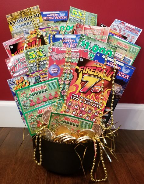 Pot Of Gold Lottery Ticket Basket, Lotto Ticket Basket Auction Ideas, Lottery Gift Basket Ideas, Lottery Raffle Basket, Holiday Lottery Ticket Gift Ideas, Lottery Ticket Silent Auction Basket, Lotto Ticket Raffle Basket, Lottery Ticket Basket Raffle, Lottery Ticket Auction Basket