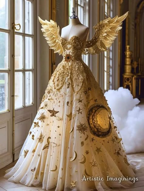 Celestial Dress Gowns Ball, Sun Inspired Wedding Dress, Sun Ballgown, Celestial Fashion Aesthetic, Sun Themed Dress, Sun Themed Outfits, Celestial Ball Gown, Celestial Costume, Fantasy Ball